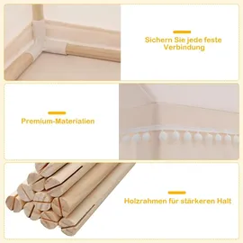 Costway Kinderspielhaus Kinderzelt, Kinderspielzelt für 3-4 Kinder mit Massivholzrahmen & Baumwolldecke 120x105x140cm Beige, Braun - Beige