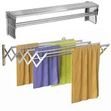 Wandmontierter Wäscheständer, Ausziehbarer Wäscheständer für die Wand,zusammenklappbarer Edelstahl-Handtuchhalter mit 7 Stangen,platzsparender Trockenständer für Waschraum,60x 52 x 18.5cm, Silber