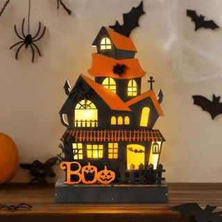 Halloween Deko Hölz LED Lampe Kürbis Lichter mit Sockel Batteriebetrieben Herbstdeko Beleuchtung für Innen und Außen Herbst Party Deko (Geisterhaus)