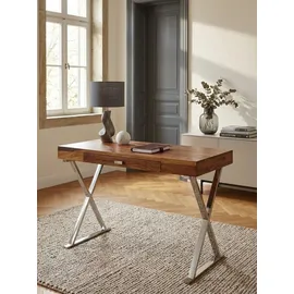 KADIMA DESIGN Massiver Sheesham-Schreibtisch mit X-förmigem Metallgestell. 120x55x78 cm