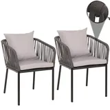 Mendler 2er-Set Gartenstuhl HWC-N41, Outdoor Armlehne, wetterfest Aluminium Seilgeflecht Rope - anthrazit Kissen hellgrau