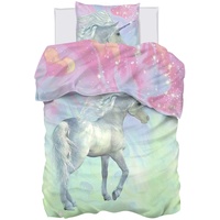 Aminata kids Bettwäsche Einhorn 135-x-200 Mädchen Kinder Baumwolle Jugendliche Teenager - Einhornbettwäsche mit Reißverschluss - Einhorn-Motiv - Kinder-Bettwäsche-Set - Pferde-Motiv, Pferd, rosa