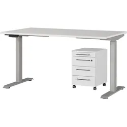 Büromöbel-Set GERMANIA "Agenda", silber (lichtgrau, silber), elektrisch höhenverstellbar Schreibtisch Breite 140cm, Spanplatte, Metall, Kunststoff, Arbeitsmöbel-Sets, Set bestehend aus höhenverstellbarem Schreibtisch und Rollcontainer