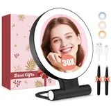 Schminkspiegel mit Beleuchtung,Doppelseitiger1X/30X Vergrößerungsspiegel mit Licht, 2000mAh 3 Farben Beleuchtungsmodi, Einstellbare Helligkeit, Faltbarer Kompakter Makeup Spiegel Reisegröße