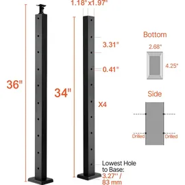 Vevor Kabelgeländerpfosten, 4er-Pack, 914x25,4x50,8 mm, vorgebohrte horizontale Löcher, Edelstahl SUS304, gebogene horizontale Halterung, für Handlauf, Balustrade, schwarz, 4JZLGZXHS914UUOI6001V0