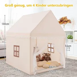 Costway Kinderspielhaus Kinderzelt, Kinderspielzelt für 3-4 Kinder mit Massivholzrahmen & Baumwolldecke 120x105x140cm Beige, Braun - Beige