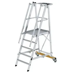 Podestleiter 5 Stufen, fahrbar, Aluminium/Aluminium