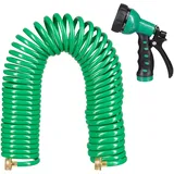 Relaxdays Spiralschlauch Wasser, bis 20 m ausziehbar, flexibler Gartenschlauch mit Wasserbrause, 7 Strahlarten, grün