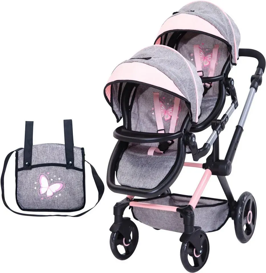 Bayer Puppen-Zwillingsbuggy Xeo Twin grau/rosa, mit Wickeltasche rosa|grau