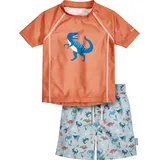 Playshoes Unisex Kinder UV-Schutz Bade-Set zweiteilig Schwimmshirt Badeshorts Badebekleidung, Dino Ocker, 122/128