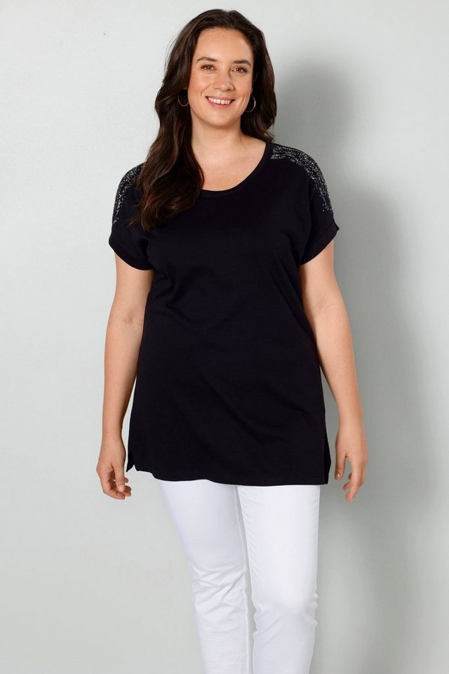 MIAMODA Rundhalsshirt T-Shirt oversized Schulter-Ziersteinchen schwarz 48