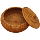 LOJAX Natürlicher Rattankorb, runder Weidenkorb mit Deckel, Picknick und Aufbewahrung, Korb mit Deckel, Picknickkorb, Rattan-Obstkorb für Couchtisch