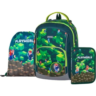Ergonomischer Rucksack mit Minecraft-Muster, Schultasche mit Stiftehalter und Turnbeutel, OXY GO Playworld
