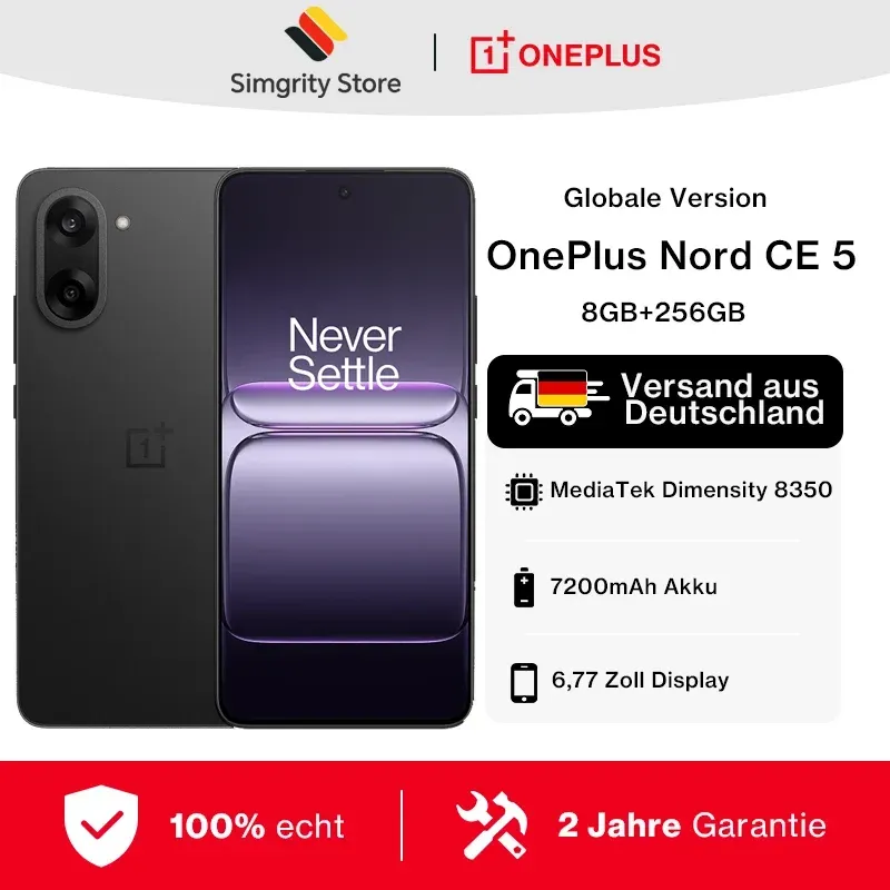 OnePlus Nord CE 5 Smartphone 5G 8 GB + 256 GB, MediaTek Dimensity 8350 Apex, 6,77 Zoll, 120 Hz, Auflösung 2392 × 1080, 7100-mAh-Akku, 80 W SUPERVOOC, 50-MP-Kamera, EIS/OIS, Android 15, WiFi 6, OnePlus Nord CE 5 Smartphone 5G 8 GB + 256 GB, MediaTek Dimensity 8350 Apex, 6,77 Zoll, 120 Hz, Auflösung 2392 × 1080, 7100-mAh-Akku, 80 W SUPERVOOC, 50-MP-Kamera, EIS/OIS, Android 15, WiFi 6,