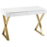 KADIMA DESIGN Hochglanz-Weißer Schreibtisch, Goldene Beine, Modern, 2 Schubladen