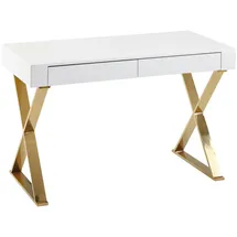 KADIMA DESIGN Hochglanz-Weißer Schreibtisch, Goldene Beine, Modern, 2 Schubladen