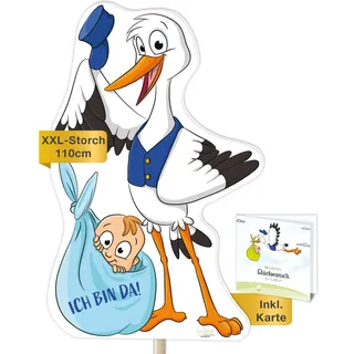 Storch Geburt für draußen I Baby Junge I XL 110 cm I wetterfest I Set: Klapperstorch + Stab aus Holz + Grusskarte I Babystorch als Geschenk I Willkommen zuhause Deko Geburtsstorch