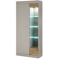 Lomadox Standvitrine Hochschrank Schrank Vitrine Eiche grau matt Beleuchtung
