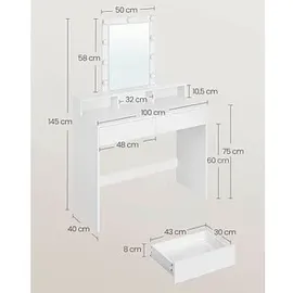 VASAGLE Schminktisch weiß rechteckig, Wangen-Gestell weiß, 100,0 x 40,0 x 145,0 cm