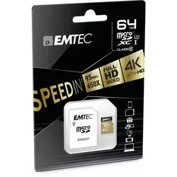 EMTEC Speicherkarte microSDXC 64GB Class10 Speed'IN 95/90 MBs mit Adapter 95MB/s lesen 90MB/s schreiben