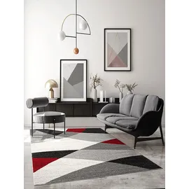 The CarPET Pearl – Moderner Kurzflor Teppich, dichter Flor, geometrisches Muster, Konturenschnitt, Wohnzimmer & Schlafzimmer Teppich, Wellenmuster, Grau Rot, 160 x 220 cm