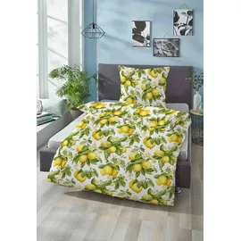 biberna Renforce-Bettwäsche ZITRONE, Weiß - Gelb - Grün - 135 x 200 cm - mit Reißverschluss