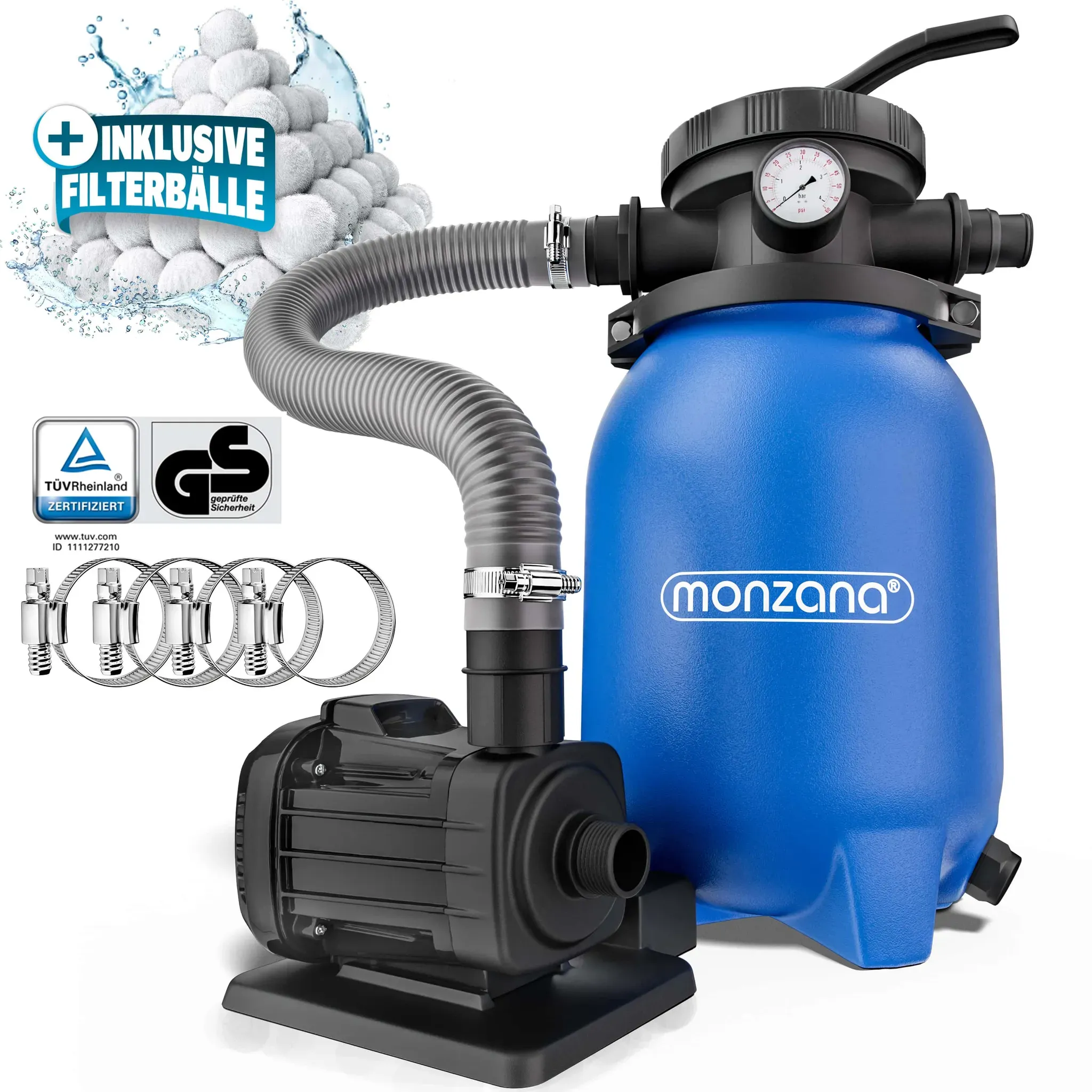 Sandfilteranlage MZPF180 5000L/h bis 15000L Pool mit Filterbällen 7 Wege Ventil