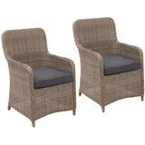 2er-Set Poly-Rattan Stuhl HHG 084, Rattanstuhl Gartenstuhl Korbsessel, Spun Poly halbrundes Rattan mvg beige Kissen grau