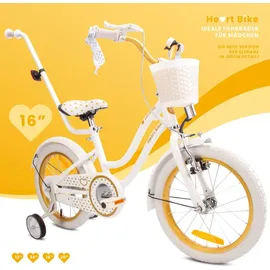 SUN BABY Mädchenfahrrad 16 Zoll Glocke Zusatzräder Schubstange Heart Bike Weiß Gold