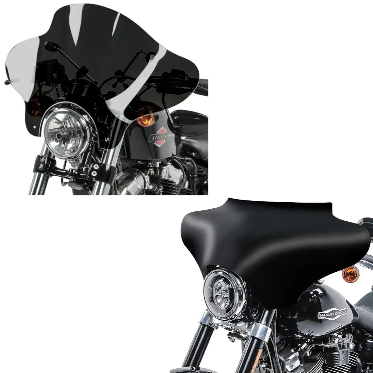 Set: Batwing Verkleidung passend für Harley Davidson Road King, Softail, Fat Boy matt Craftride + Motorrad Windschild Batwing Craftride für Custombikes Craftride inkl. Haltesatz dunkel getönt