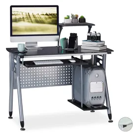 Relaxdays Computertisch Glas, Tastaturauszug & Fach für Rechner, HBT: 98 x 105 x 55 cm, modern, Arbeitszimmer, schwarz