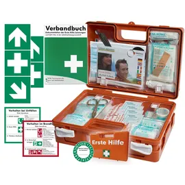 HM Arbeitsmedizin Verbandskoffer/Verbandskasten (K) -Paket 1- Erste Hilfe nach aktueller DIN 13157 für Betriebe -DSGVO- INKL. PERFORIERTEM VERBANDBUCH + Folienaufkleber