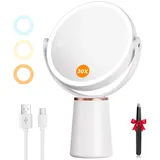 Auxmir Kosmetikspiegel mit Beleuchtung 30X/1X Vergrößerung, Schminkspiegel 3 Lichtfarben USB Aufladbar, Vergrößerungsspiegel mit Licht Touch Dimmbar, Tischspiegel Spiegel 360° Drehbar für Schminktisch