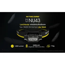 Nitecore NU43 LED Kopflampe mit 1400 Lumen, leichteste Stirnlampe der Welt mit 18650 Akku, mit Photosensor, eingebauter