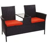 PROREGAL Poly-Rattan Sitzbank mit Tisch Gartenbank Sitzgruppe Gartensofa 132cm Schwarz Kissen Terrakotta