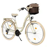 MILORD Damenfahrrad Citybike Komfort Mit Metallkorb Hollandrad Fahrrad, 28 Zoll, 21-Gang, Creme-Braun - Beige
