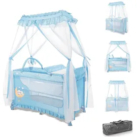 Lorelli Reisebett, Magic Sleep 2 Ebenen Baldachin Mobile Wickelauflage faltbar hellblau Sterne