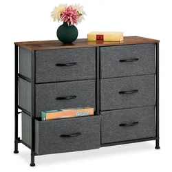 Relaxdays Kommode, HBT: 63x80x30 cm, Metall, Holzoptik, 6 Stoff-Schubladen, Ablage, moderne Beistellkommode, mehrfarbig