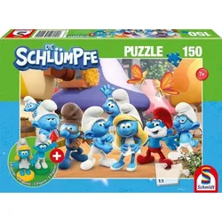 Schmidt Spiele 56524 - Schlumpfige Freunde, 150 Teile, Kinderpuzzle Die Schlümpfe mit Add-on