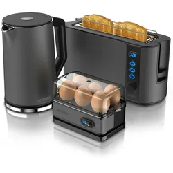 Arendo Frühstücks Set in Grau - Wasserkocher / Langschlitz Toaster / Eierkocher