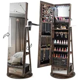 COSTWAY Schmuckschrank 360° drehbar, Spiegelschrank mit Ganzkörperspiegel, LED-Leucheten & Schublade & Haartrocknerhalter, Schmuckregal abschließbar, Standspiegel für Schmuck (Rustikales Braun)