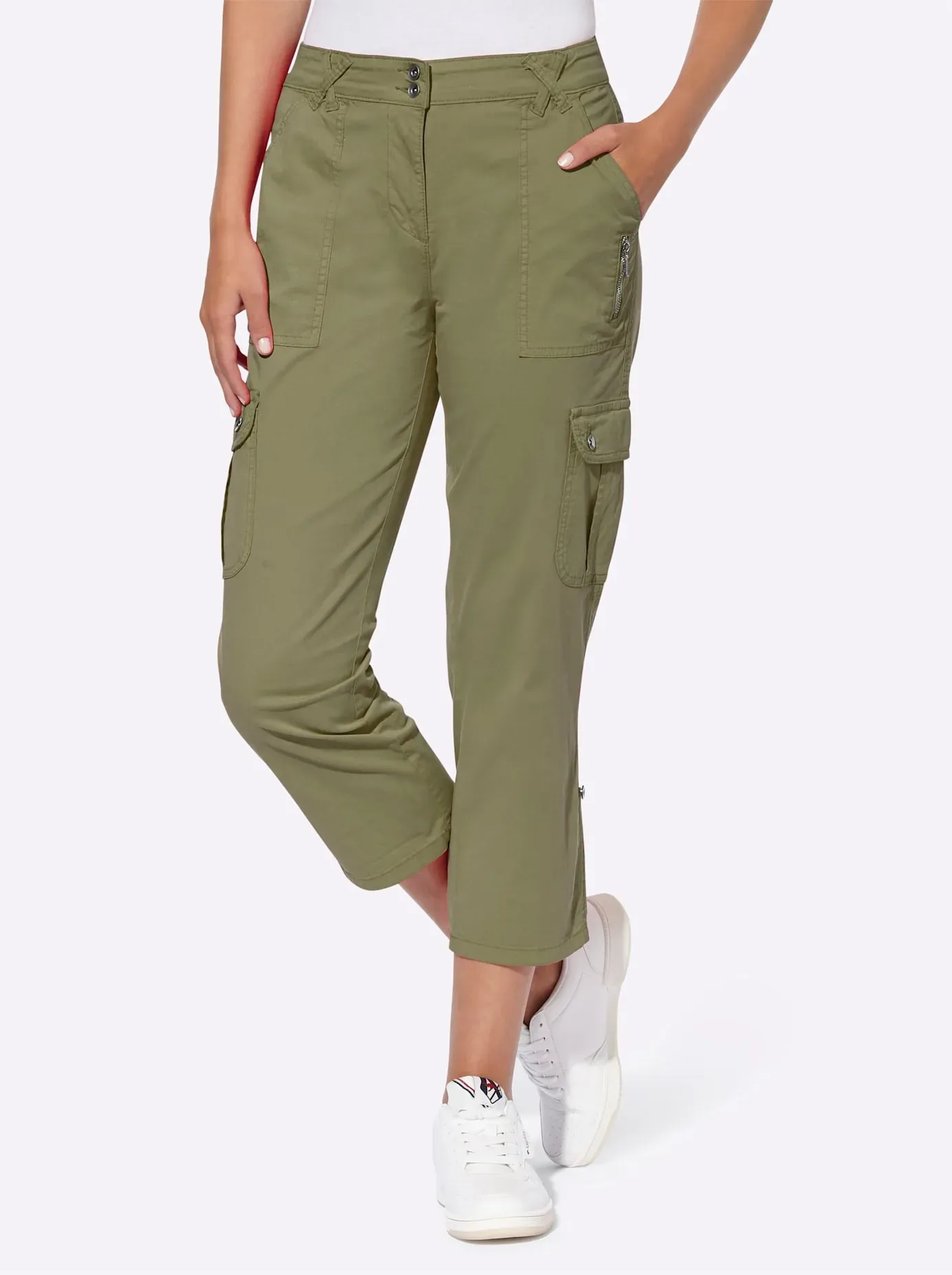 Cargohose HEINE, Damen, Gr. 42, Normalgrößen, grün (oliv), 98% Baumwolle, 2% Elasthan, unifarben, 7/8-Länge, Hosen Cargohose