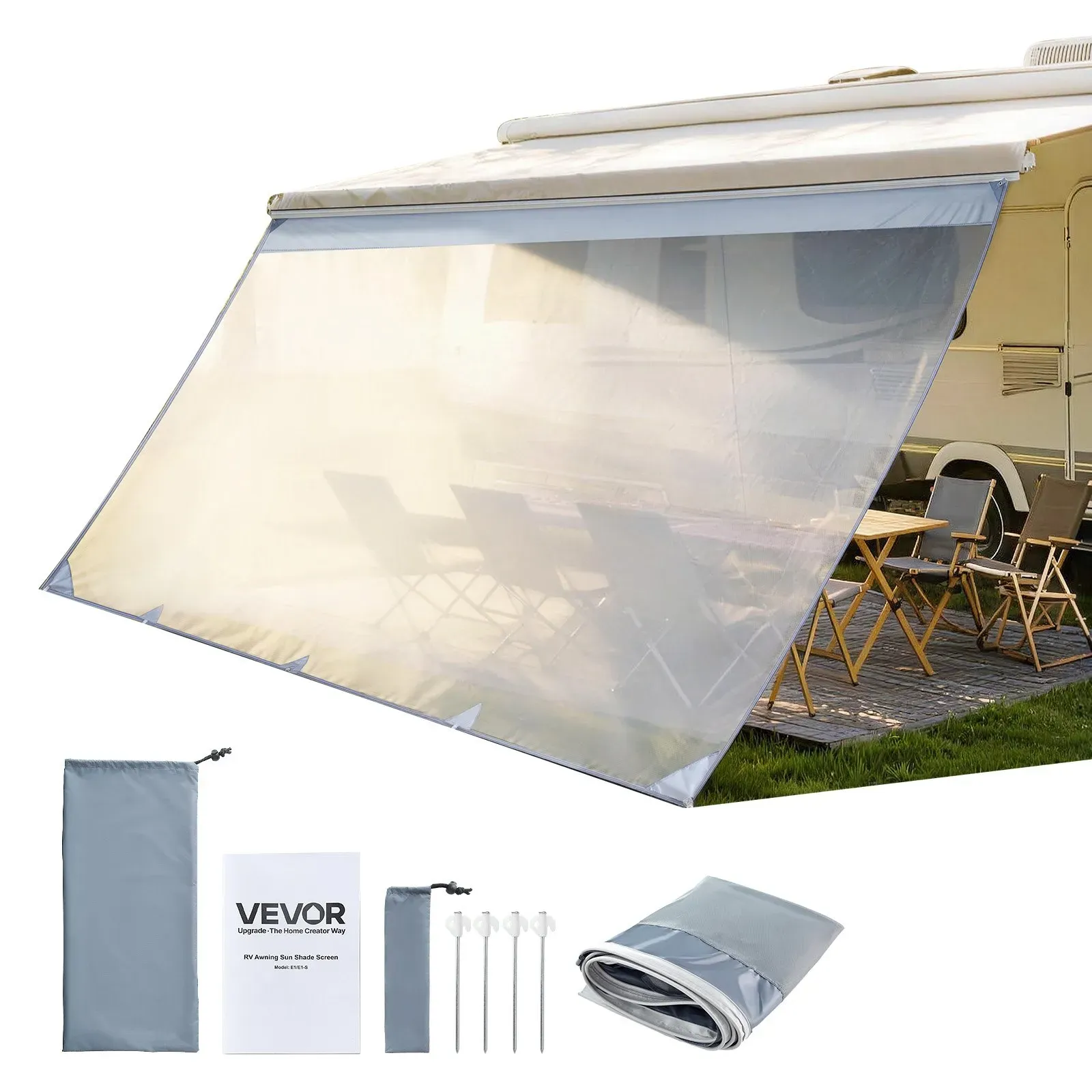 VEVOR Sonnenschutz (2 x 4,3 m) für Markisen (4,5 m), Markisen-Vorderwand aus Polyester-Netzgewebe, Doppelt Genähter & Atmungsaktiver Sichtschutz für Wohnmobil, Camping & Wohnwagen