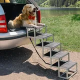 Hundetreppe Auto, Aluminum Hundetreppe Klappbar für Große Hunde, Stabil und rutschfest 5 Stufen bis 68kg, Hunderampe Auto Faltbare für Autos SUV LKWs (Schwarz)