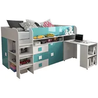 Feldmann-Wohnen Hochbett Toledo (Liegefläche 90x200cm, Schreibtisch zum Ausziehen, 2 offene Fächer, 1-St., 2 integrierte Schränke, 4 Schubladen, Leiter beidseitig montierbar) 204cm weiß - türkis Hochglanz mit Schreibtisch blau