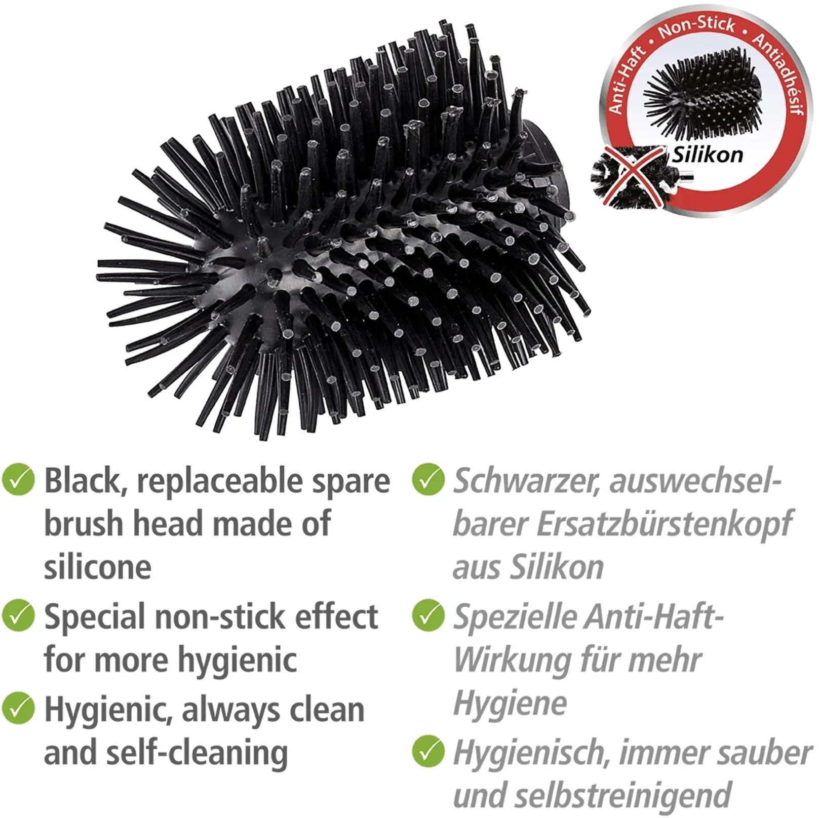 WC-Reinigungsbürste WENKO, schwarz, H:9,3cm L:7,5cm, Kunststoff, Reinigungsbürsten, Ersatzbürstenkopf für WENKO WC-Bürsten, Ø 7,5cm, Silikonborsten