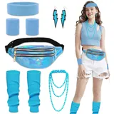 80er Jahre Outfit Damen- Disco 80er 90er Jahre Accessoires mit Bauchtasche Stirnband Beinwärmer Armbänder Halskette Ohrring 80s 90s Kleidung Retro Trainingsanzug Karneval Fasching Mottoparty Kostüm