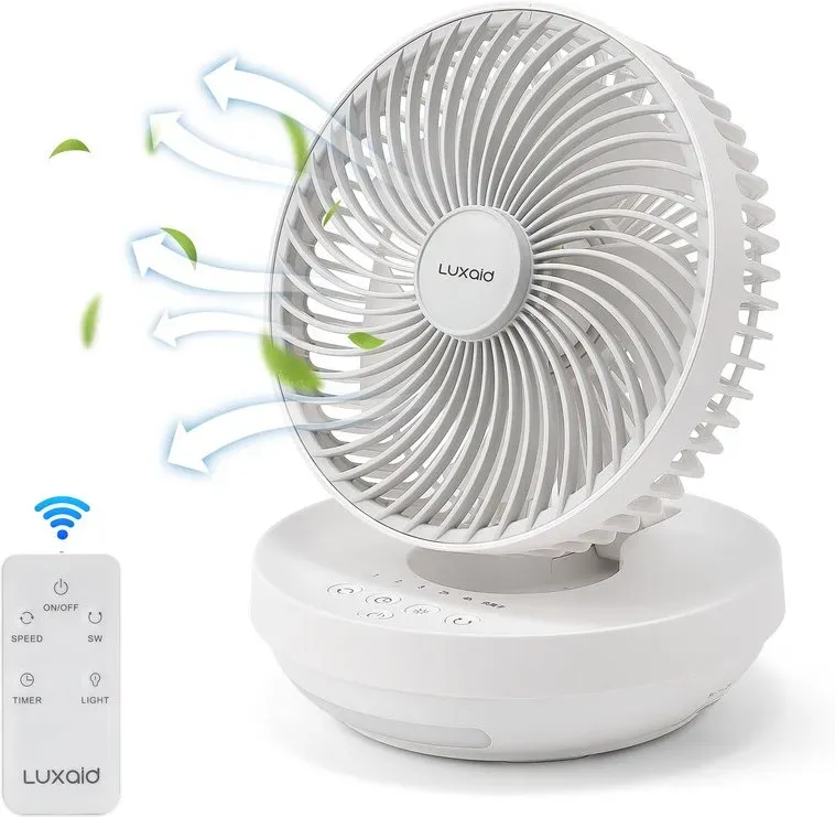 Luxaid Faltbarer Schreibtischventilator mit Fernbedienung, 4000 mAh Akku, Typ-C-Ladefunktion, 3 Geschwindigkeitsstufen, 4-Stunden-Timer, Nachtlicht, Wandmontage, tragbar & kompakt.