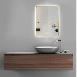 PonteSino HOKO Badspiegel Antibeschlag LED 50x70cm mit Rahmen HOCH+QUER Montage Touch Schalter+Licht Wechsel Warmweiß-Kaltweiß-Neutral Wandschalter einscha... / Gold