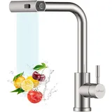 APPASO Waterfall Wasserhahn Küche Ausziehbar, Waterfall Hochdruck Küchenarmatur mit Bruase 360° Drehbar, Spültischarmatur mit 3 Strahlarte, Armatur Küche Wasserfall Edelstahl Gebürstet